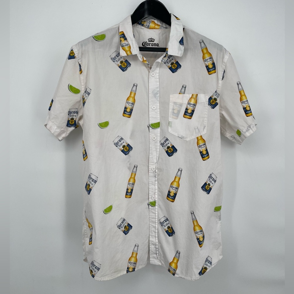 Corona Men Shirt Short Sleeve Button Up Beer White 100% Cotton Large L